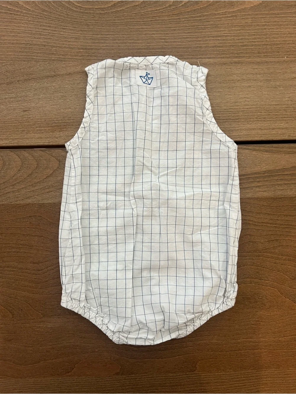 Paper Boat Grid-Print Baby Romper in White and Blue